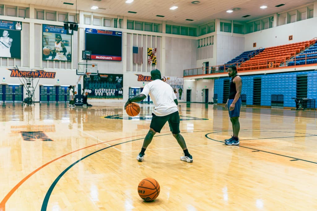 One-on-one basketball training on the court at Morgan State University